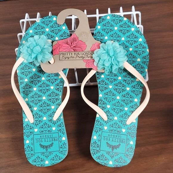 NEW NWT Pretty You London Tessa Flower Flip Flops Thongs XL 9½ - 10½‎ Aqua Blue - Picture 1 of 9